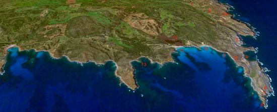 Carte de la côte de Menorca, zone du Parc Naturel de l'Albufera Des Grao. Vue depuis Cala Tortuga, Cala Presili et le Cabo de Favaritx.