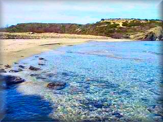 Playa de Capifort à Cala Morella, une belle plage vierge aux eaux cristallines et aux grandes crêtes de dunes, dans le parc d'Es Grao, dans la zone du Faro de Favaritx.